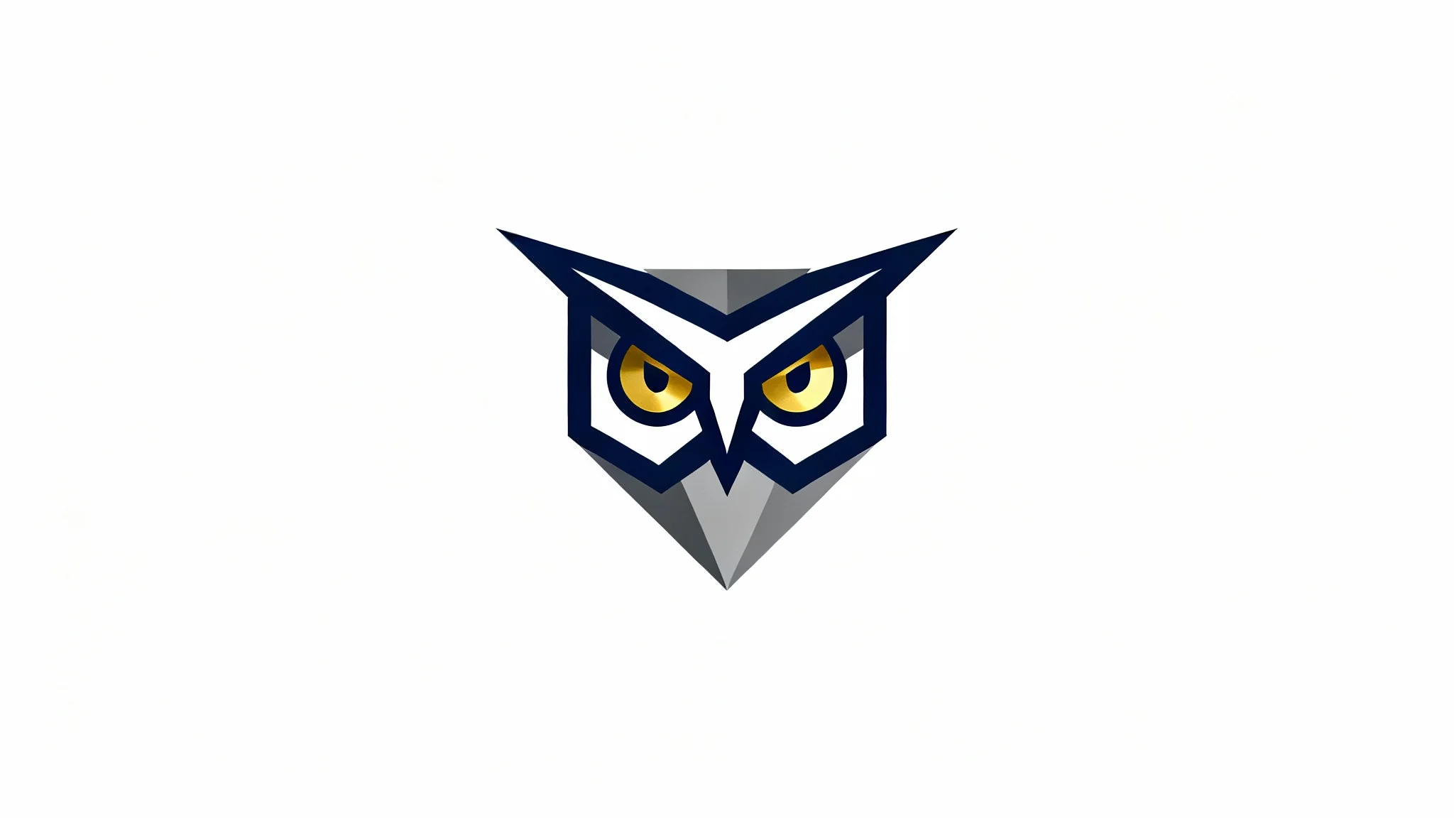A modern, minimalist logo of a geometric owl's head in navy blue and gray, with striking gold eyes, centered on a white background.