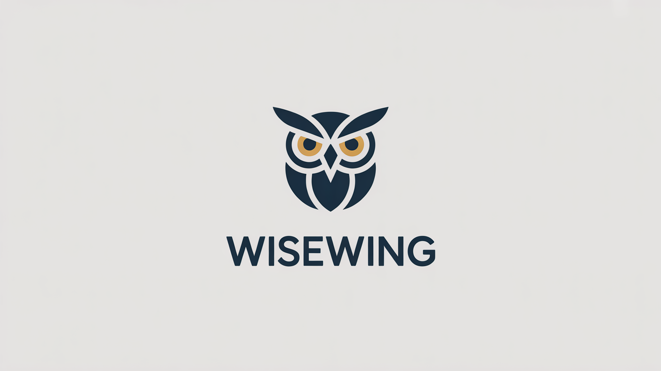 A modern, minimalist logo of a geometric owl in navy blue and gold. The fictional brand name 'WISEWING' is written below the icon, all on a clean white background.