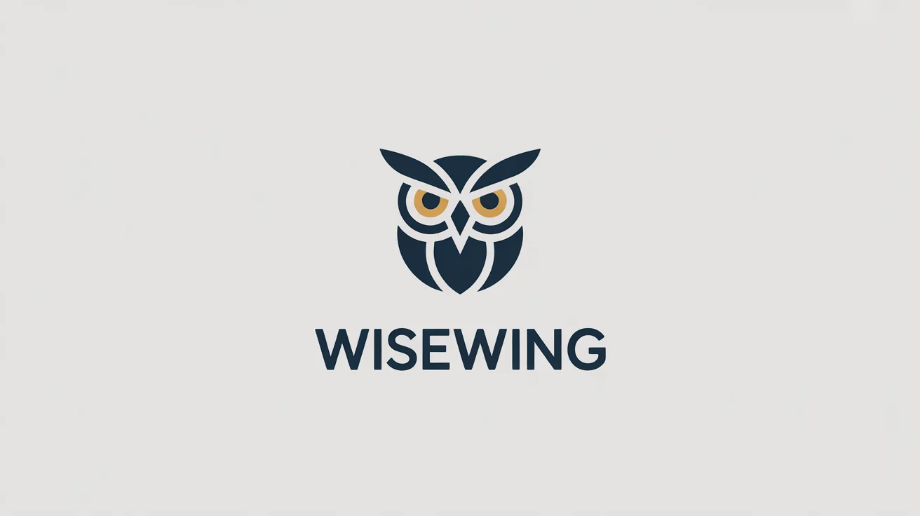 A modern, minimalist logo of a geometric owl in navy blue and gold. The fictional brand name 'WISEWING' is written below the icon, all on a clean white background.