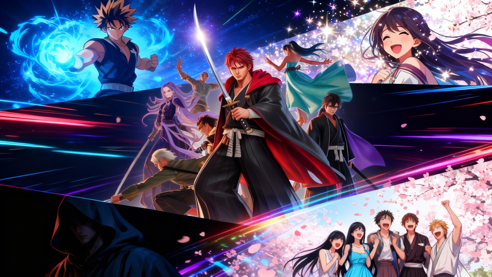 A finished, polished anime collage background showing how multiple characters and scenes can be blended into one dynamic image. It features a hero, a cheerful girl, a mysterious figure, and a group of friends, all seamlessly combined with abstract light and cherry blossom effects.