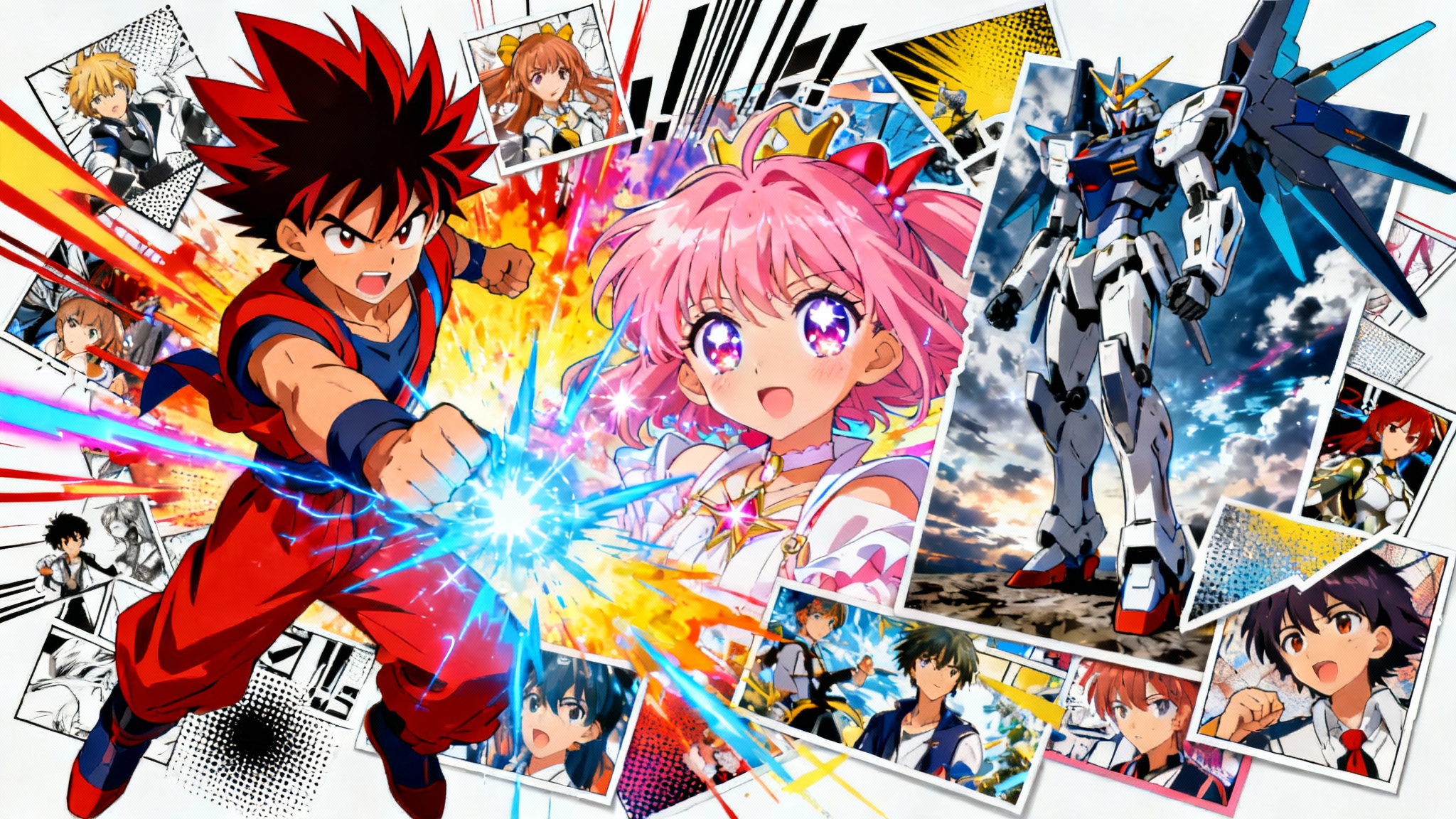 A vibrant and dynamic collage of various anime characters and manga-style elements, showcasing different genres and a bright color palette on a white background.