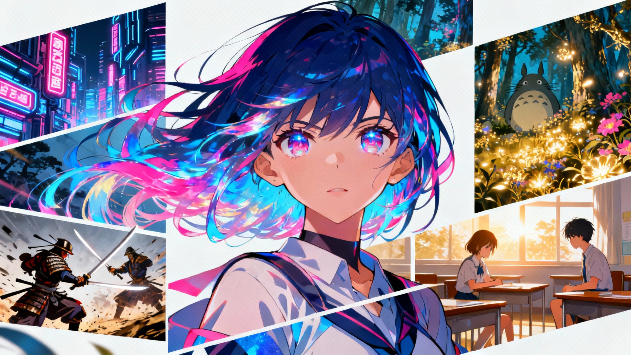 A vibrant anime collage featuring a central female character surrounded by panels of a futuristic city, a magical forest, and a samurai fight, all on a white background.