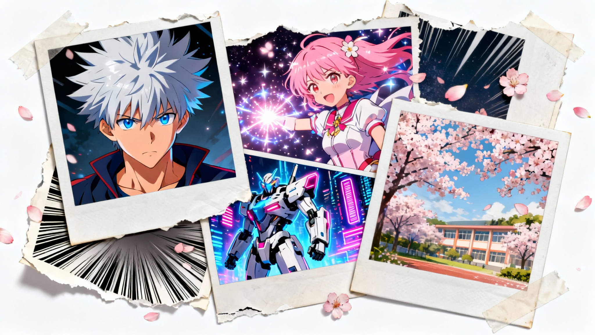 A dynamic collage of various anime scenes and characters, including a hero, a magical girl, and a robot, arranged in an overlapping style on a white background.