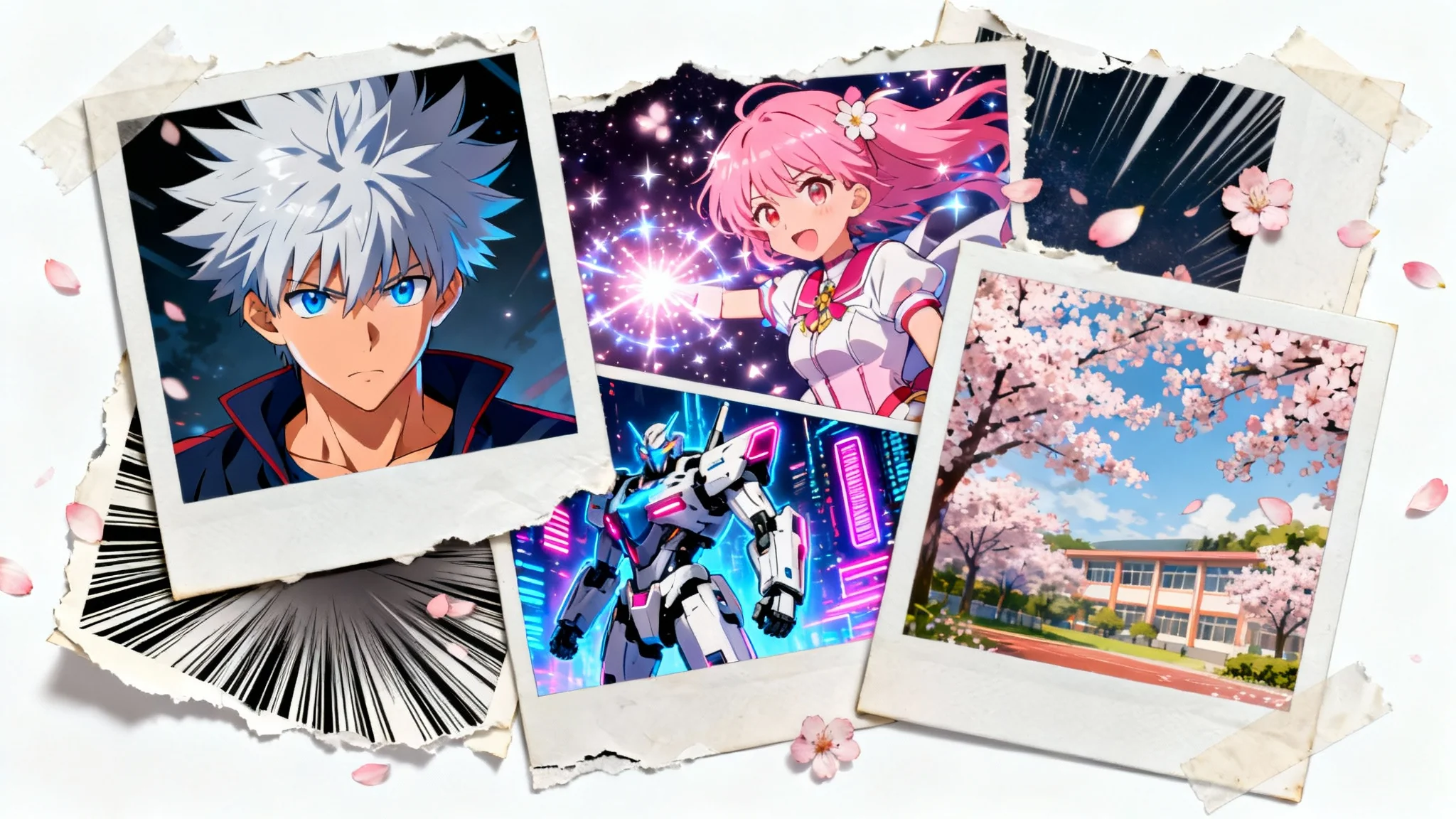 A dynamic collage of various anime scenes and characters, including a hero, a magical girl, and a robot, arranged in an overlapping style on a white background.