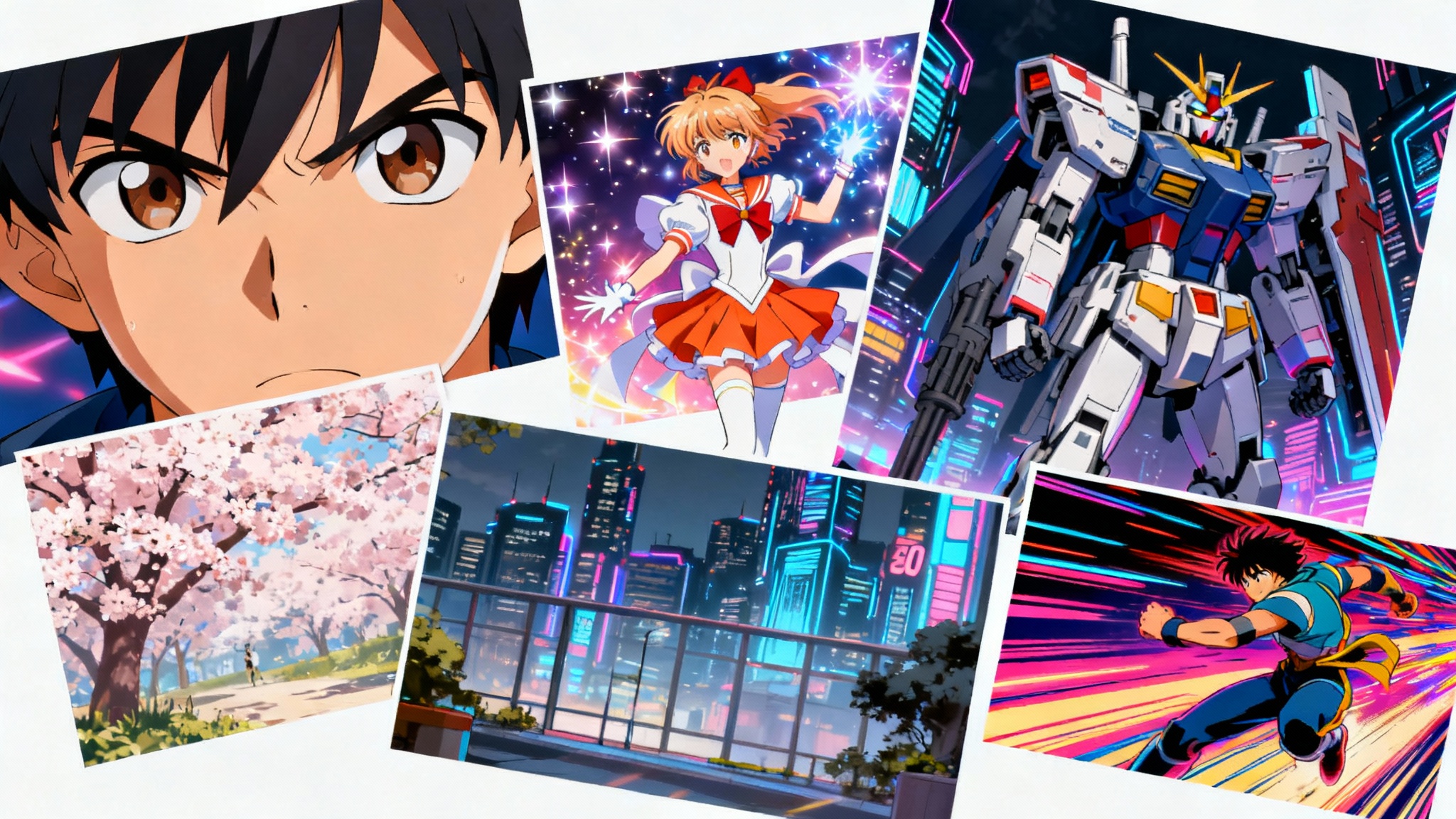 A dynamic and colorful anime collage featuring multiple characters and scenes from different genres like action, mecha, and magical girl, arranged in a vibrant scrapbook style.