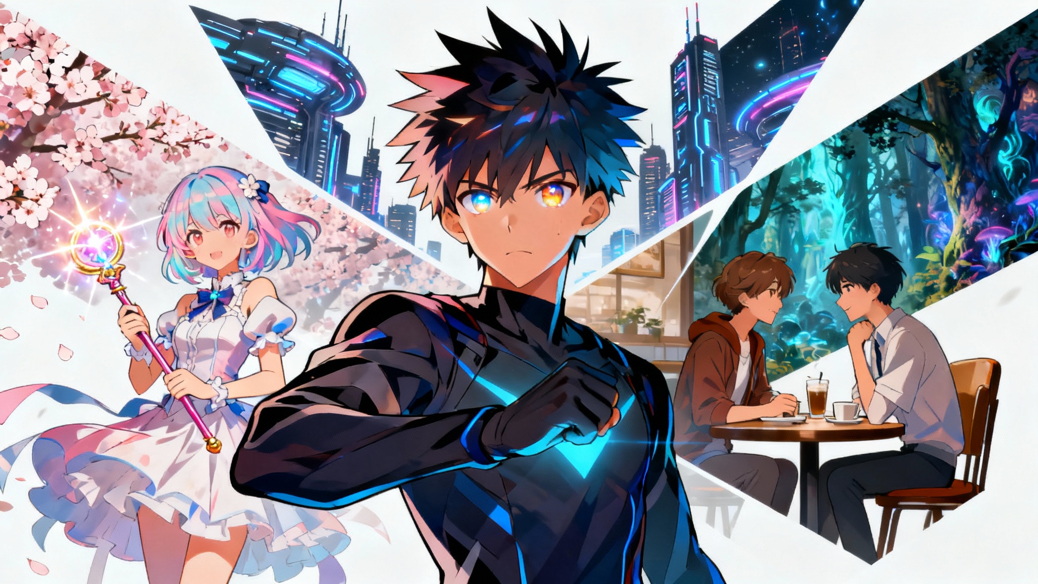A colorful and dynamic anime collage featuring a mix of genres: a central shonen hero, a magical girl with a wand, a cafe scene, and background elements of sci-fi and fantasy, all on a white background.