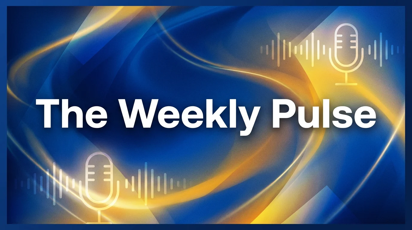 A professionally designed podcast intro graphic with the title 'The Weekly Pulse' in bold typography. The background is a vibrant mix of blue and yellow, with subtle microphone and sound wave icons.