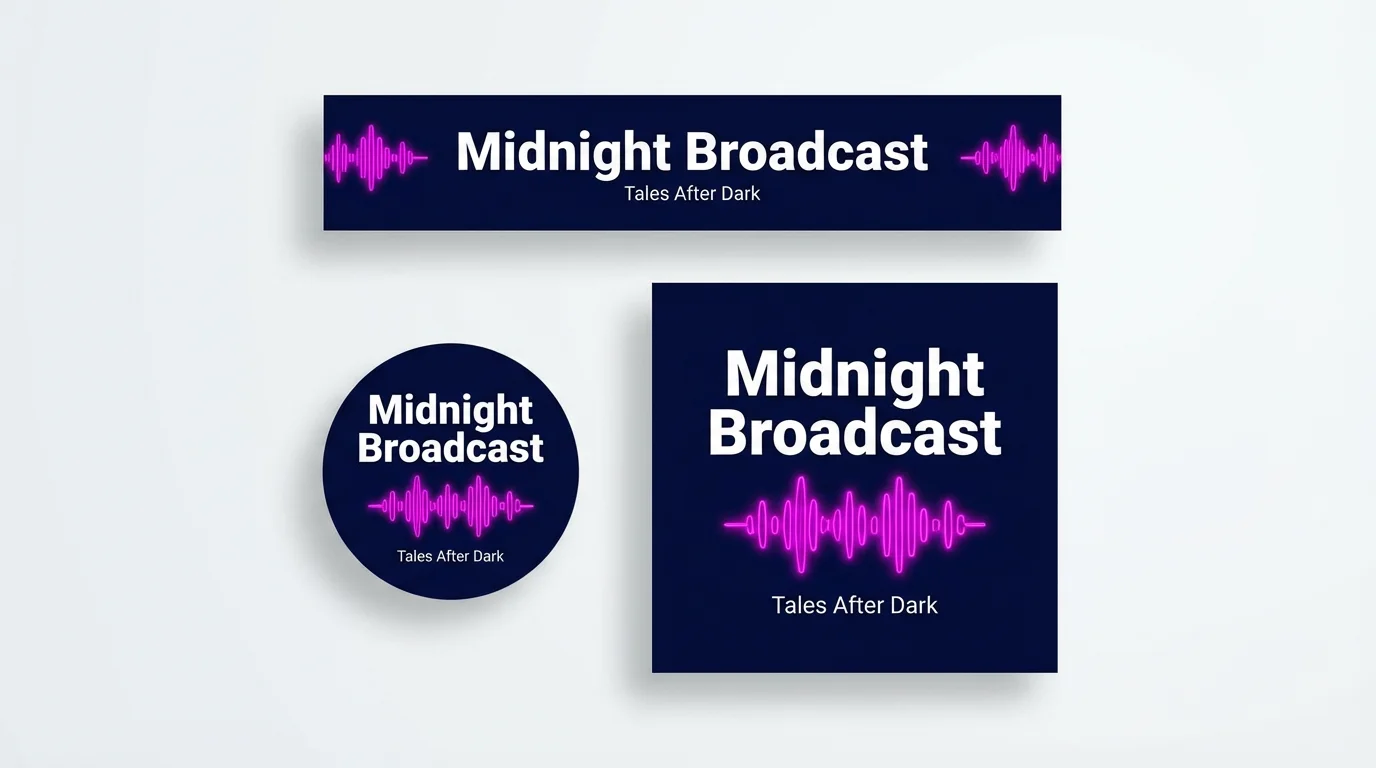 A mockup of a podcast graphics package for a fictional show called 'Midnight Broadcast,' featuring a modern navy blue, white, and neon magenta design with an audio wave icon, all on a clean white background.