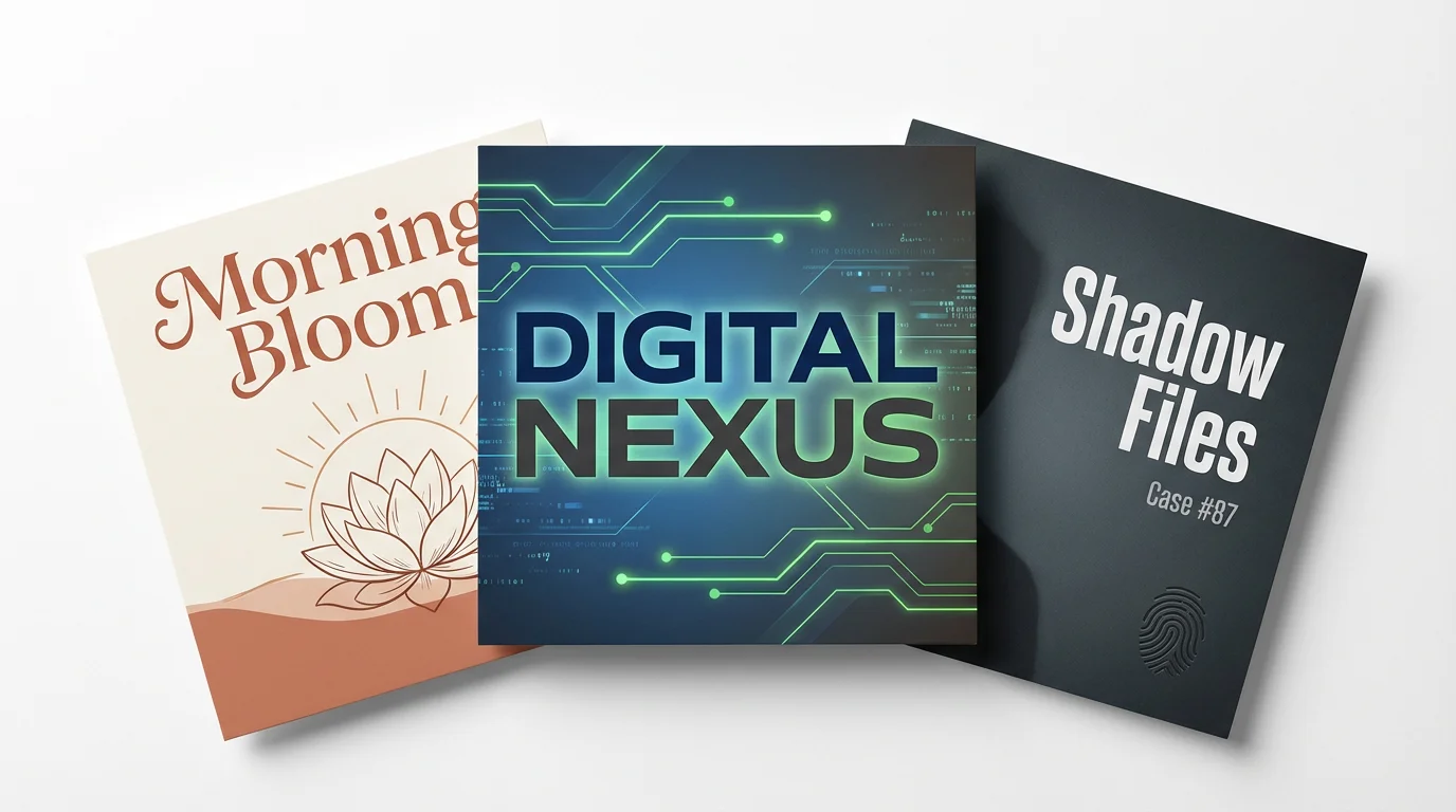 A mockup of three different professional podcast intro graphics displayed on a white background. The designs represent different genres: a blue and green tech theme, a warm terracotta wellness theme, and a dark, moody true-crime theme.