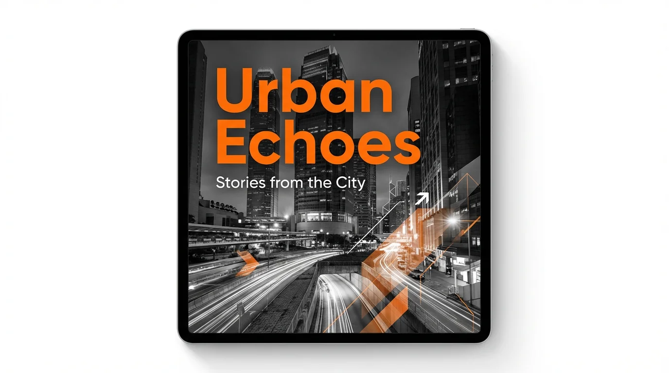A mockup of a podcast intro graphic for a show called 'Urban Echoes', featuring a city skyline background with modern orange and white geometric overlays, set against a plain white background.