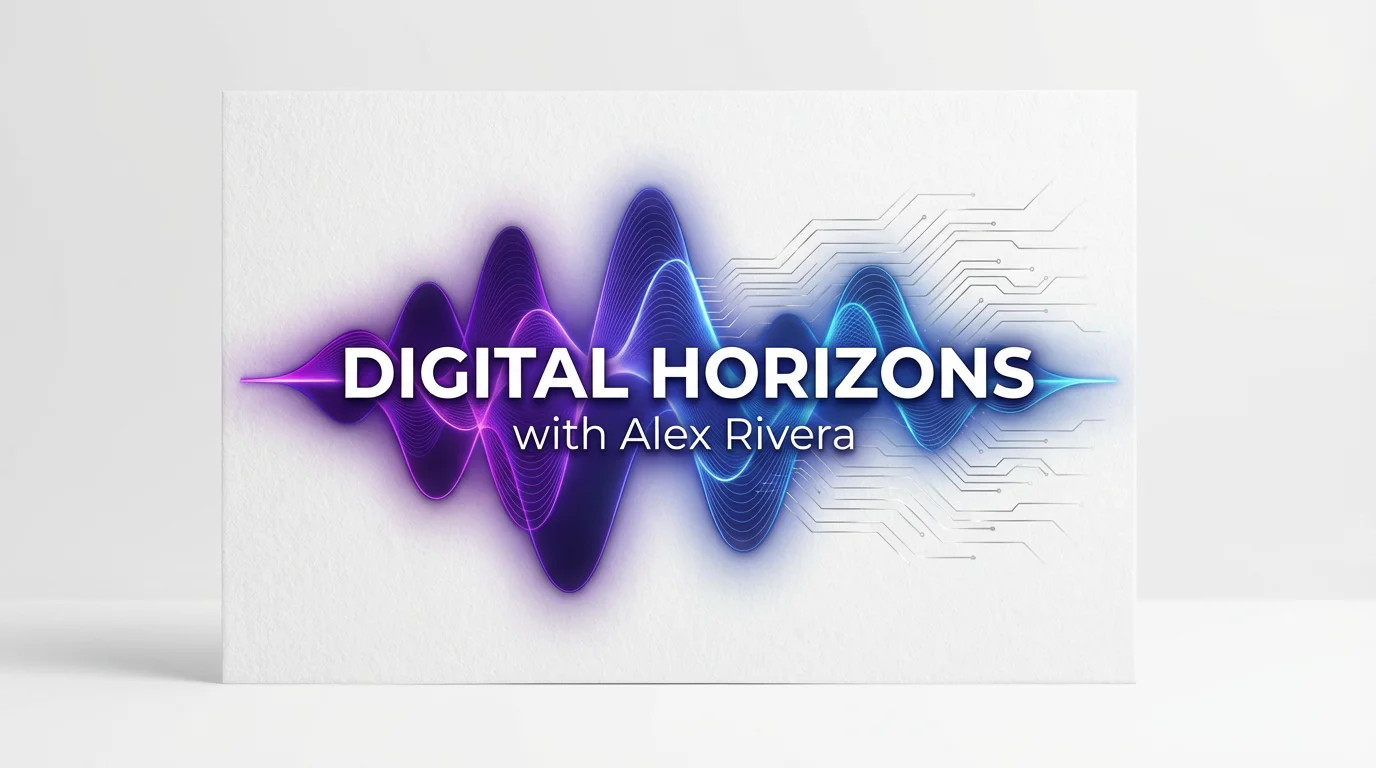 A modern podcast intro graphic for a tech podcast called 'Digital Horizons'. It features the title in bold white text over an abstract purple and blue glowing soundwave on a plain white background.