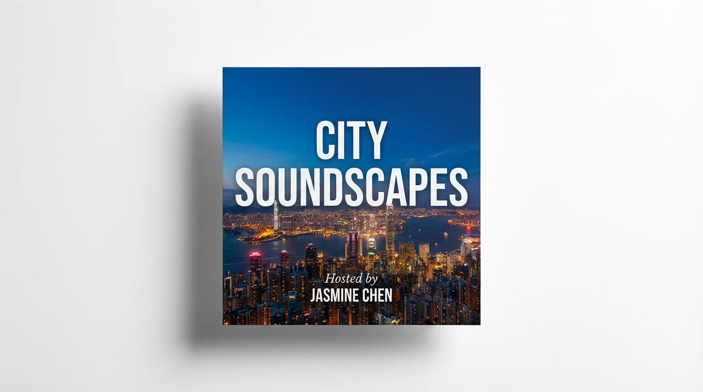 A mockup of a podcast intro graphic for 'CITY SOUNDSCAPES' hosted by 'JASMINE CHEN', featuring a city skyline at dusk, displayed on a clean white background.