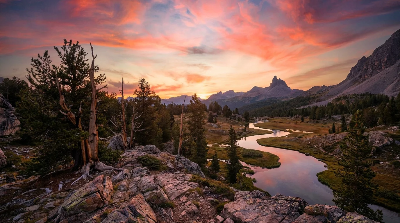 A perfectly exposed landscape photograph resulting from exposure blending, showing a vibrant sunset over mountains with rich detail visible in both the bright sky and the dark foreground.