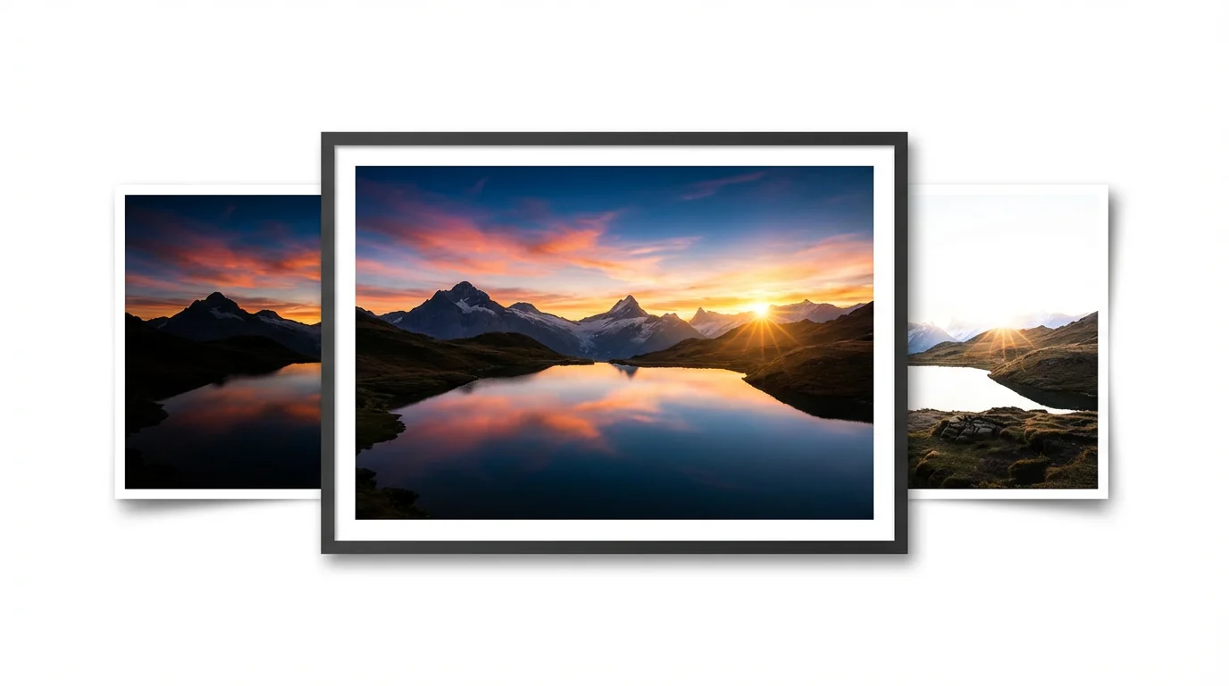 A visual demonstration of exposure blending: a large, perfectly lit mountain sunset photo is composited with two smaller source images, one underexposed for the sky and one overexposed for the shadows.