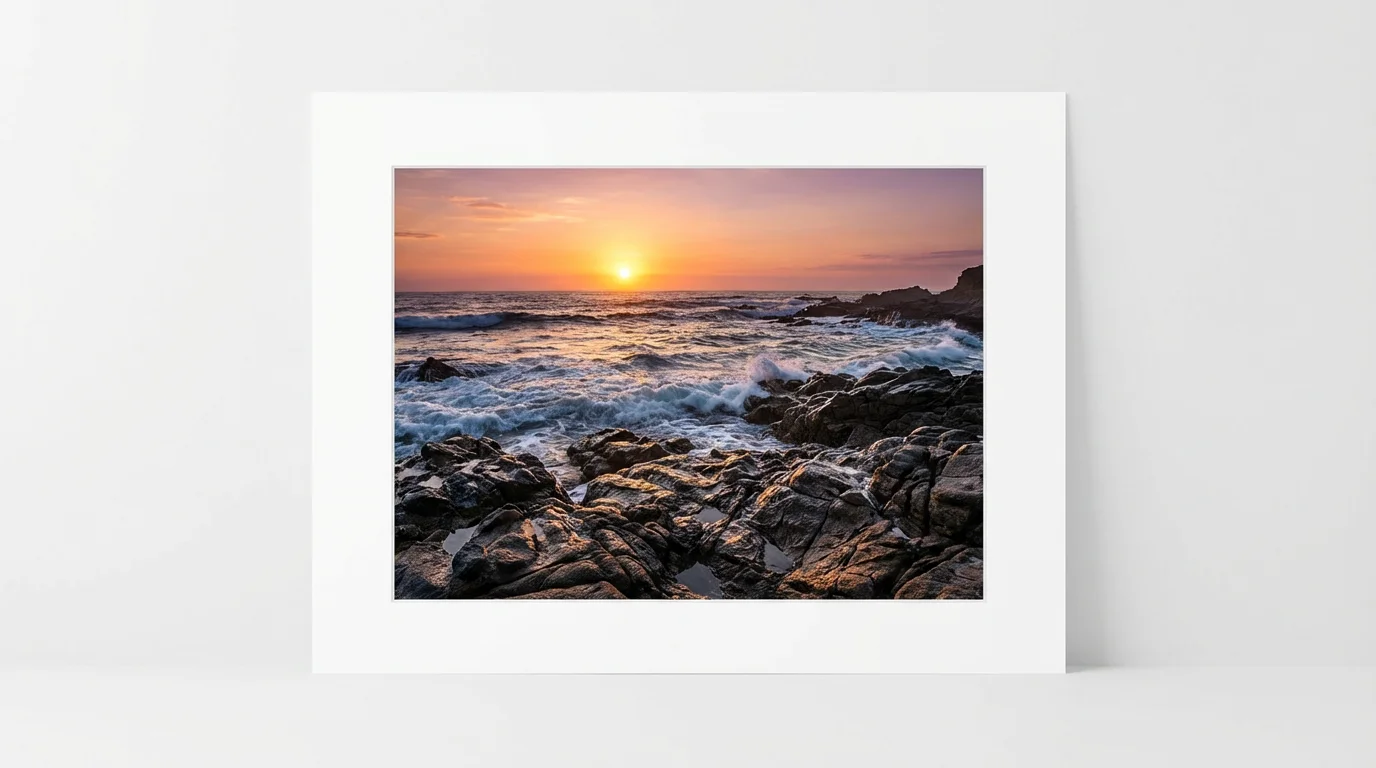 A stunning landscape photo of a sunset over a rocky coast, demonstrating exposure blending with perfect detail in both the bright sky and dark foreground rocks.
