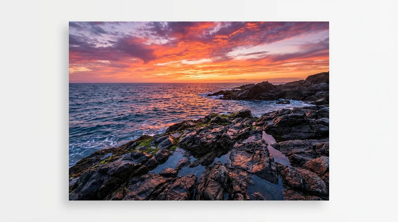 A stunning HDR photograph of a coastal sunset, used to illustrate exposure blending. The image shows perfect detail in both the bright, colorful sky and the dark, textured rocks in the foreground, all against a white background.
