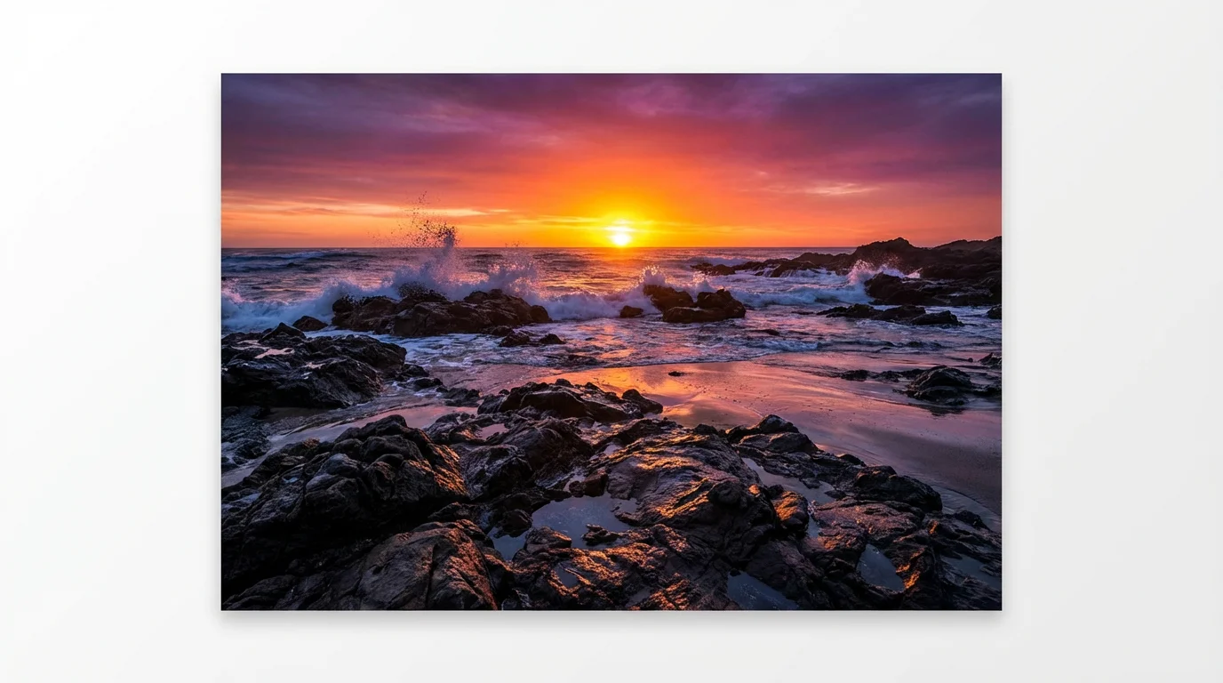 A dramatic sunset over a rocky coastline, demonstrating exposure blending. The vibrant sky and detailed, shadowy rocks are both perfectly clear and visible.
