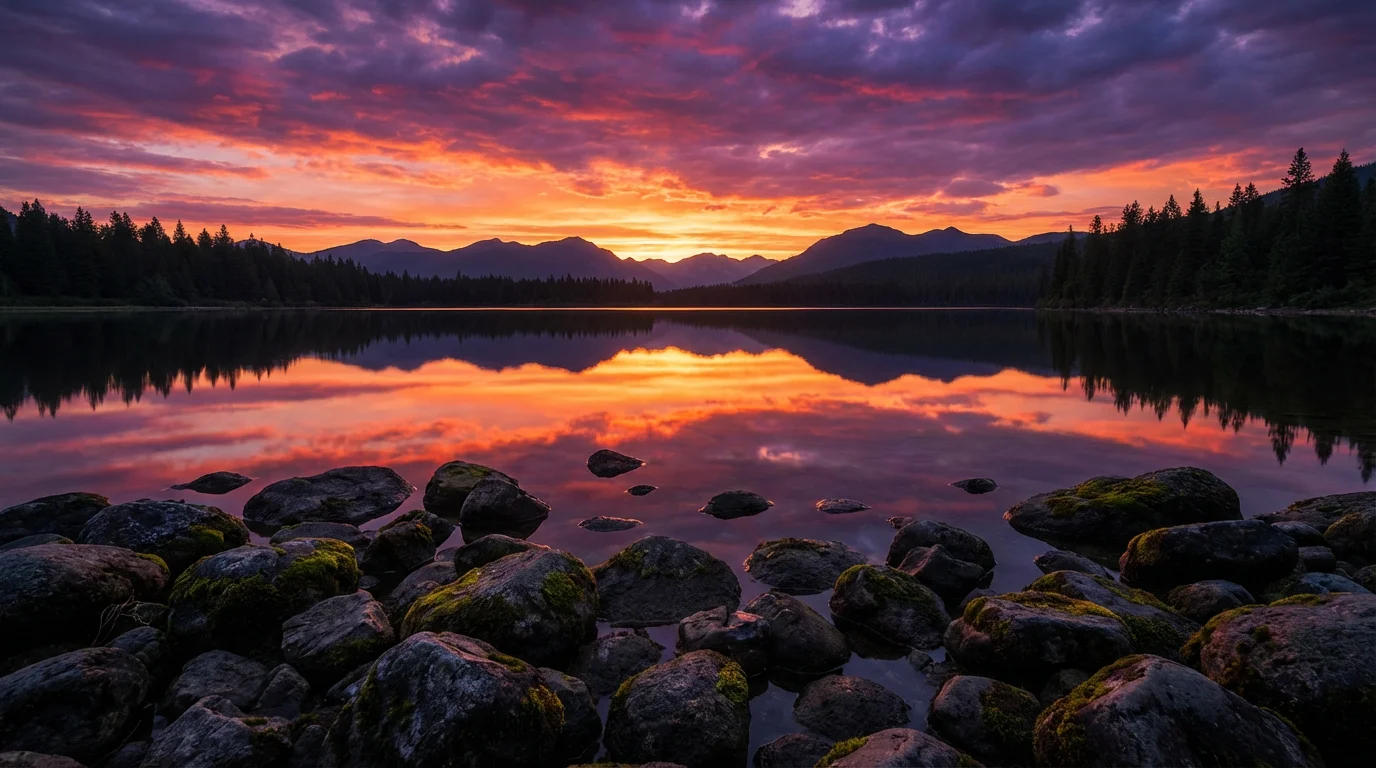 A stunning HDR landscape photograph of a sunrise over a lake and mountains. The dark rocks in the foreground and the bright, colorful clouds in the sky are both perfectly exposed, showcasing the effect of exposure blending.