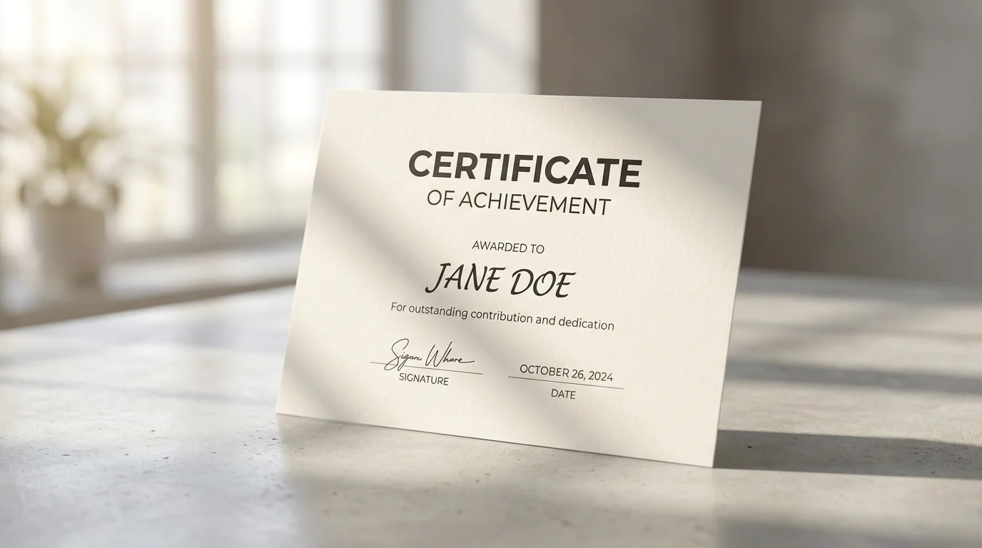 A close-up of a professionally designed, minimal certificate of achievement resting on a clean surface, showcasing modern typography and a polished look.