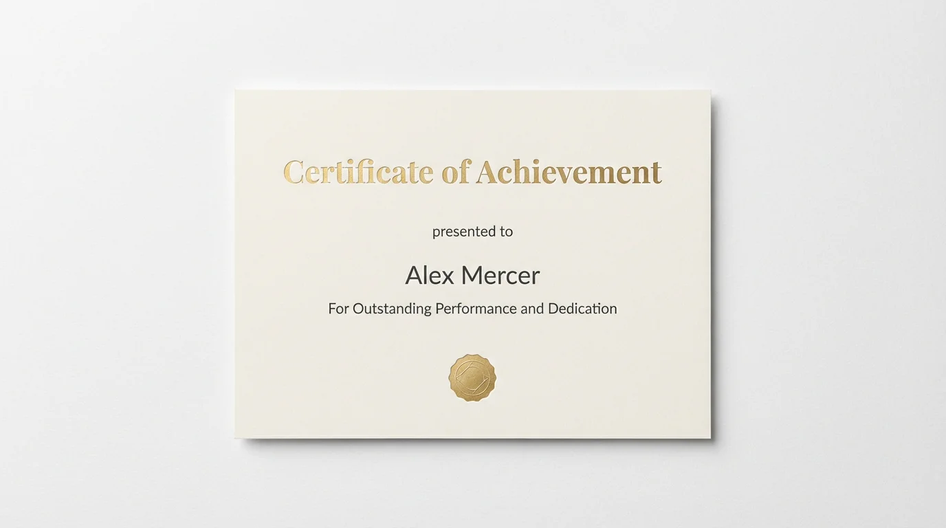 A professional mockup of a minimalist certificate of achievement resting on a white surface. The design is clean, with gold foil text and a simple seal, conveying elegance and prestige.