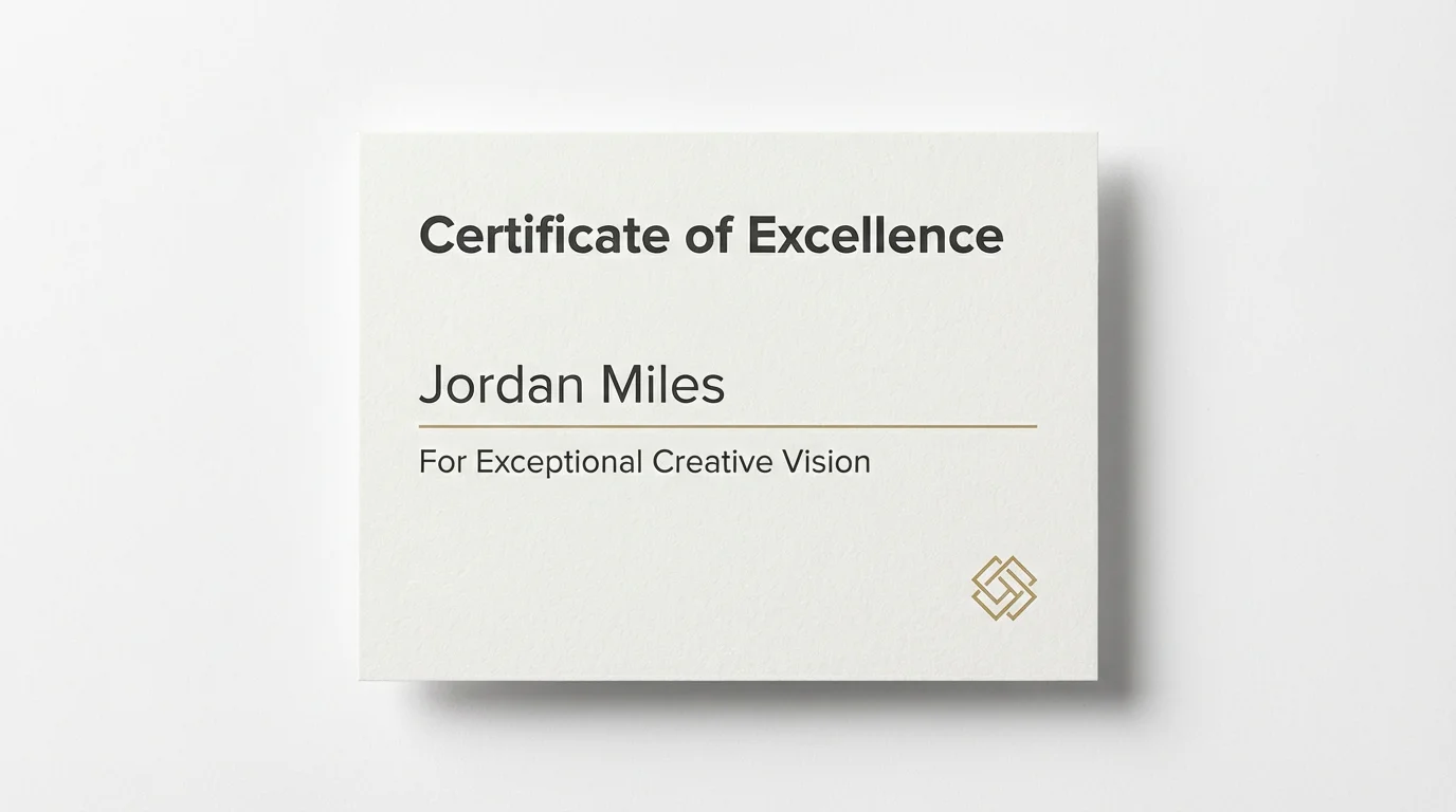 A mockup of a modern certificate with a minimalist design, featuring clean sans-serif text and a simple gold line accent, resting on a white surface.