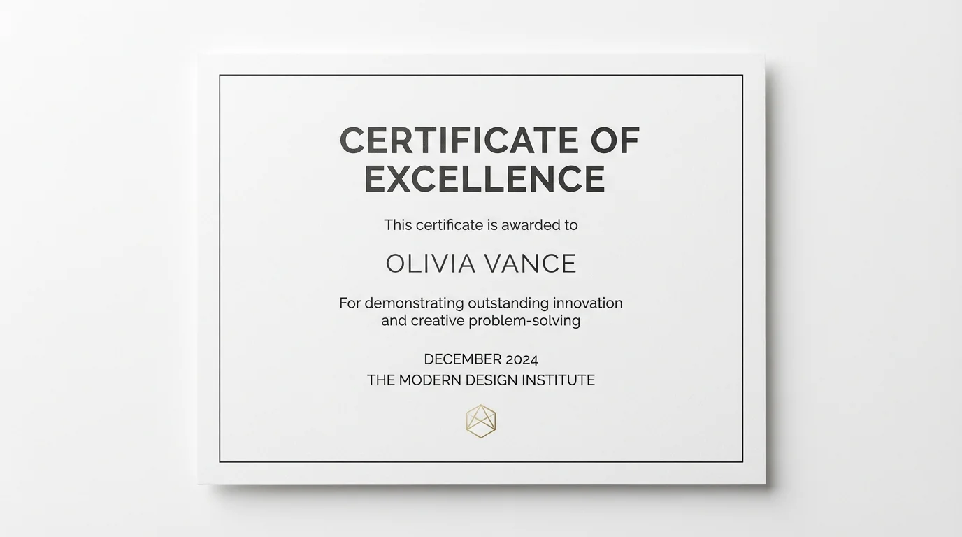 A professional, minimalist certificate of excellence awarded to Olivia Vance from The Modern Design Institute, shown against a clean white background.