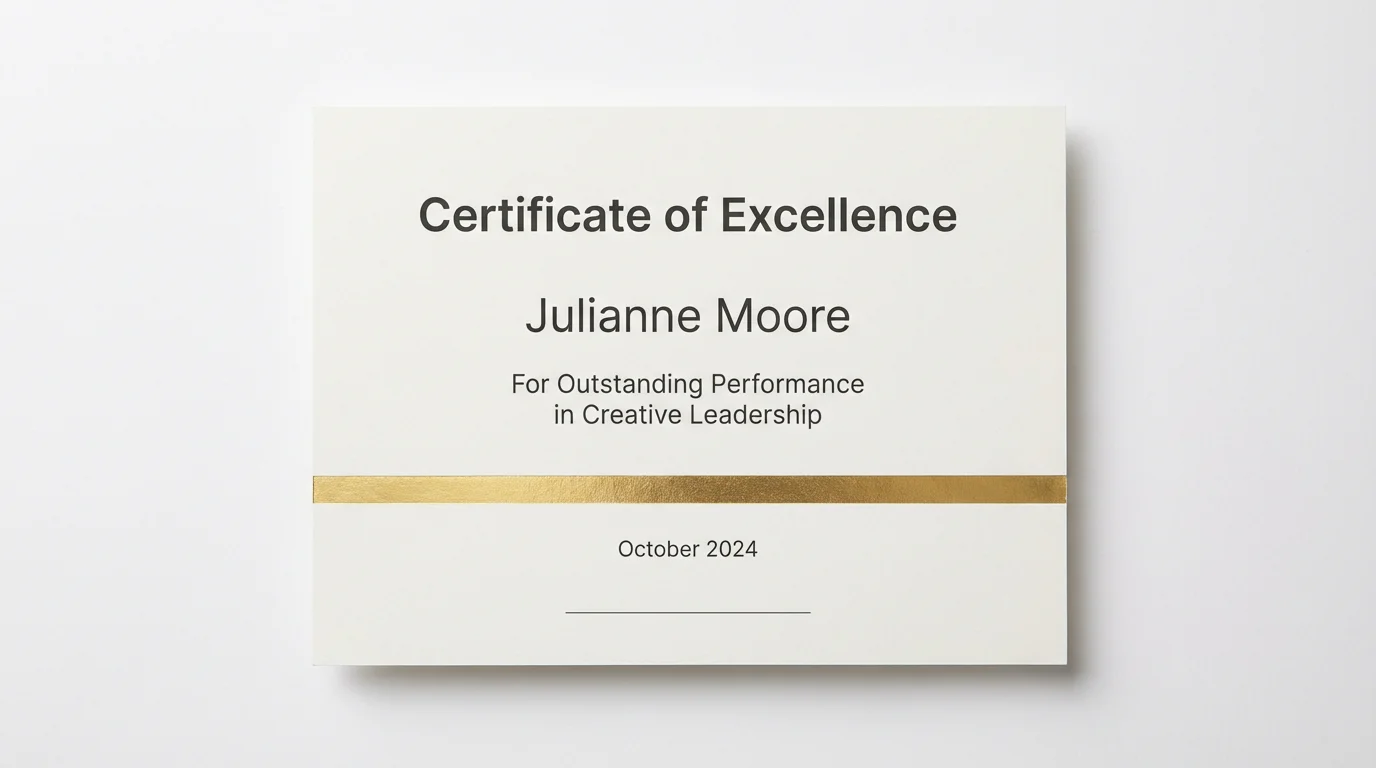 A professionally designed minimalist certificate of excellence with black text and a single gold foil line, displayed on a clean white surface.
