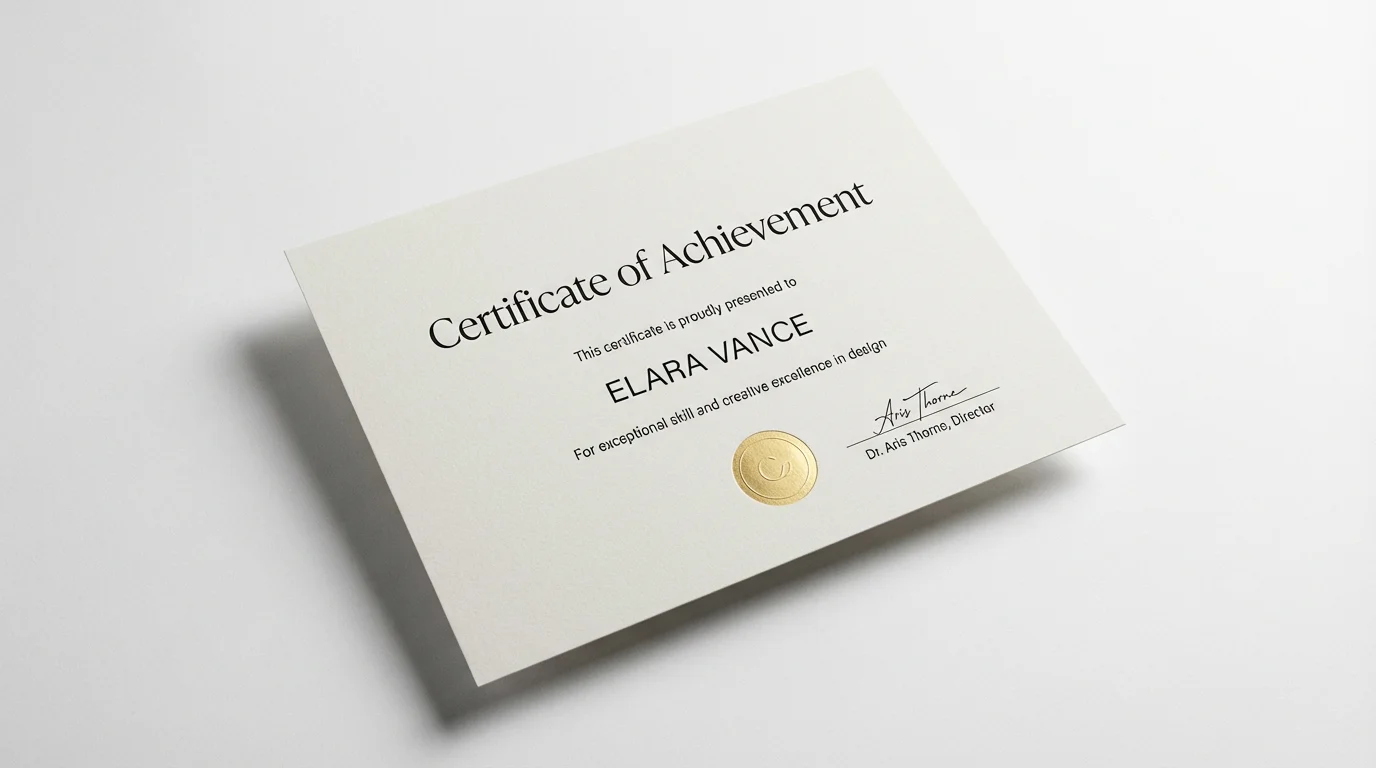 A professional mockup of a minimal certificate of achievement for 'Elara Vance', featuring elegant typography and a gold foil seal on textured paper, set against a clean white background.