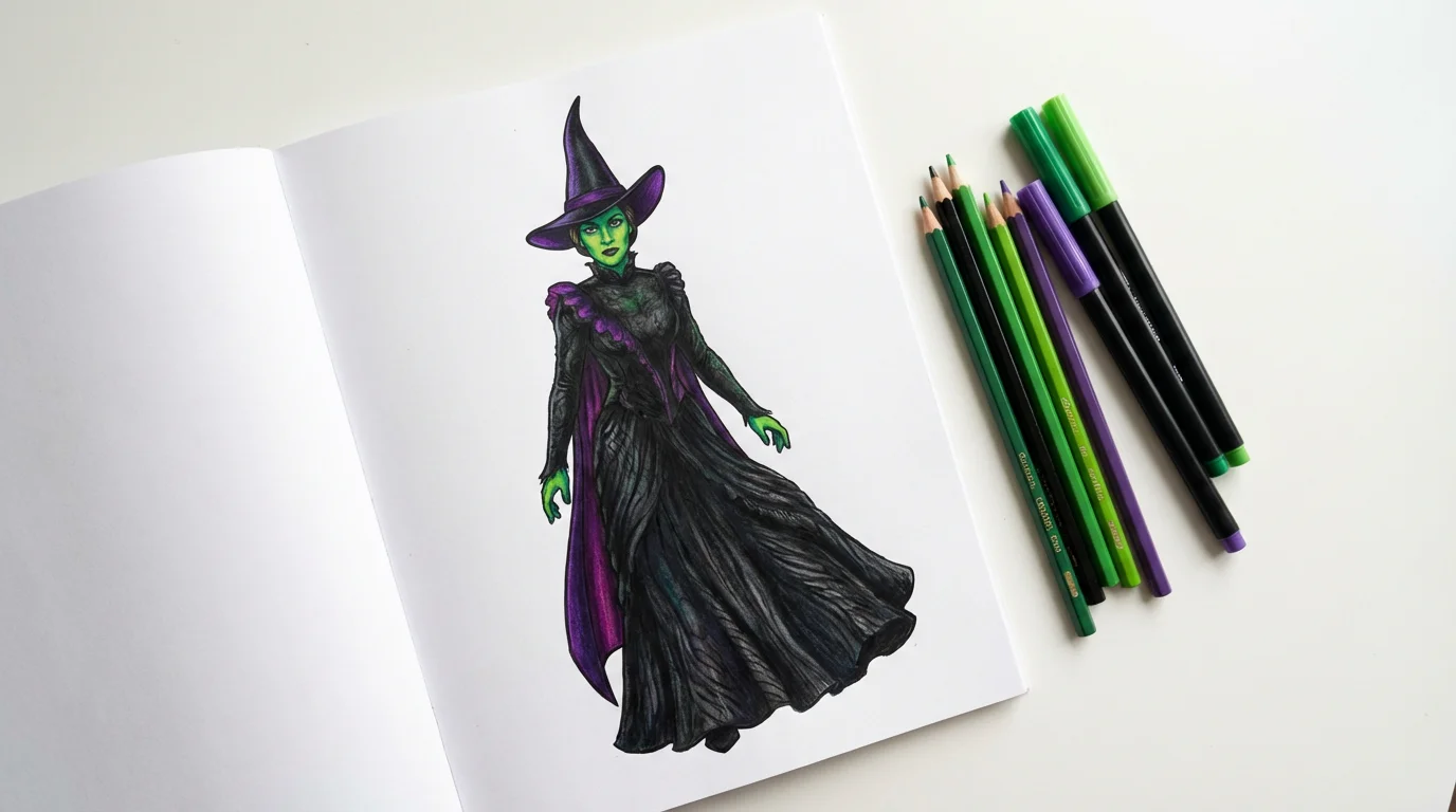 A finished coloring page of Elphaba from Wicked, colored in with vibrant greens and blacks, displayed on a clean white surface with colored pencils nearby.