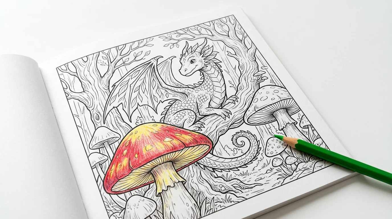 A flat lay view of a coloring page with an intricate black and white drawing of an enchanted forest. A small section is colored in with vibrant reds and yellows, and a green colored pencil rests on the page.