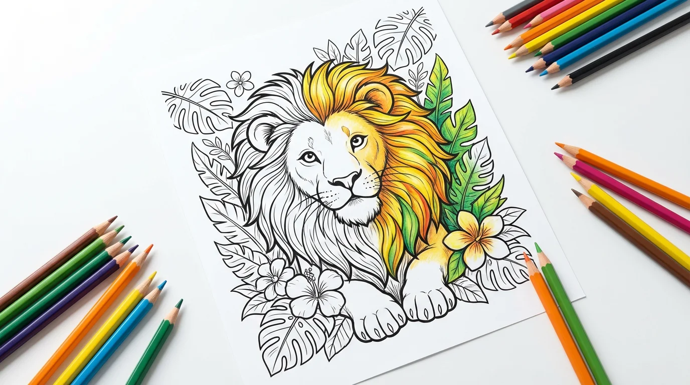 A coloring page featuring a friendly lion, partially colored in with vibrant yellows and oranges, lying on a clean white background next to several colored pencils.