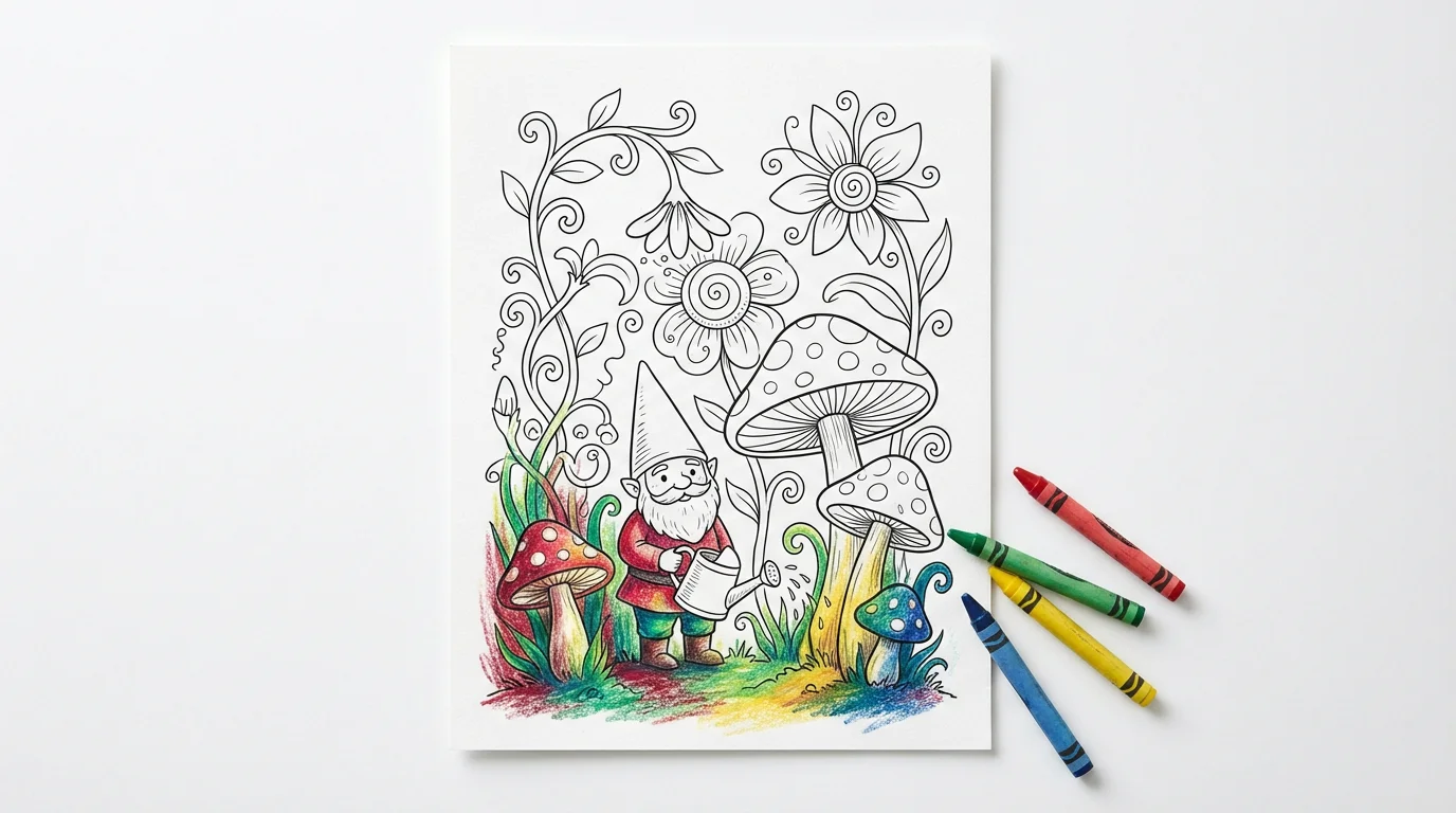 A coloring page of an enchanted garden with a gnome, partially colored in with vibrant crayons, displayed on a clean white background with a few crayons lying beside it.