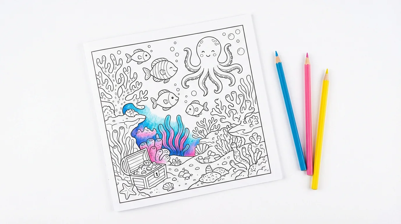 A detailed coloring page of an underwater scene, partially colored in with vibrant colors. Colored pencils are placed beside the page on a clean white background, inviting creativity.