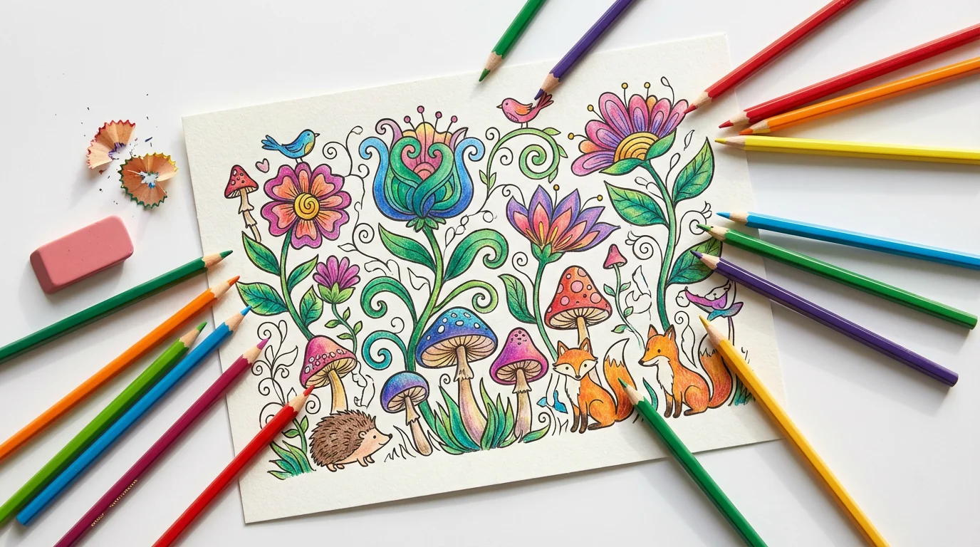 A top-down view of a whimsical garden coloring page, partially filled in with vibrant colors, with a set of colored pencils scattered around it on a clean white surface.