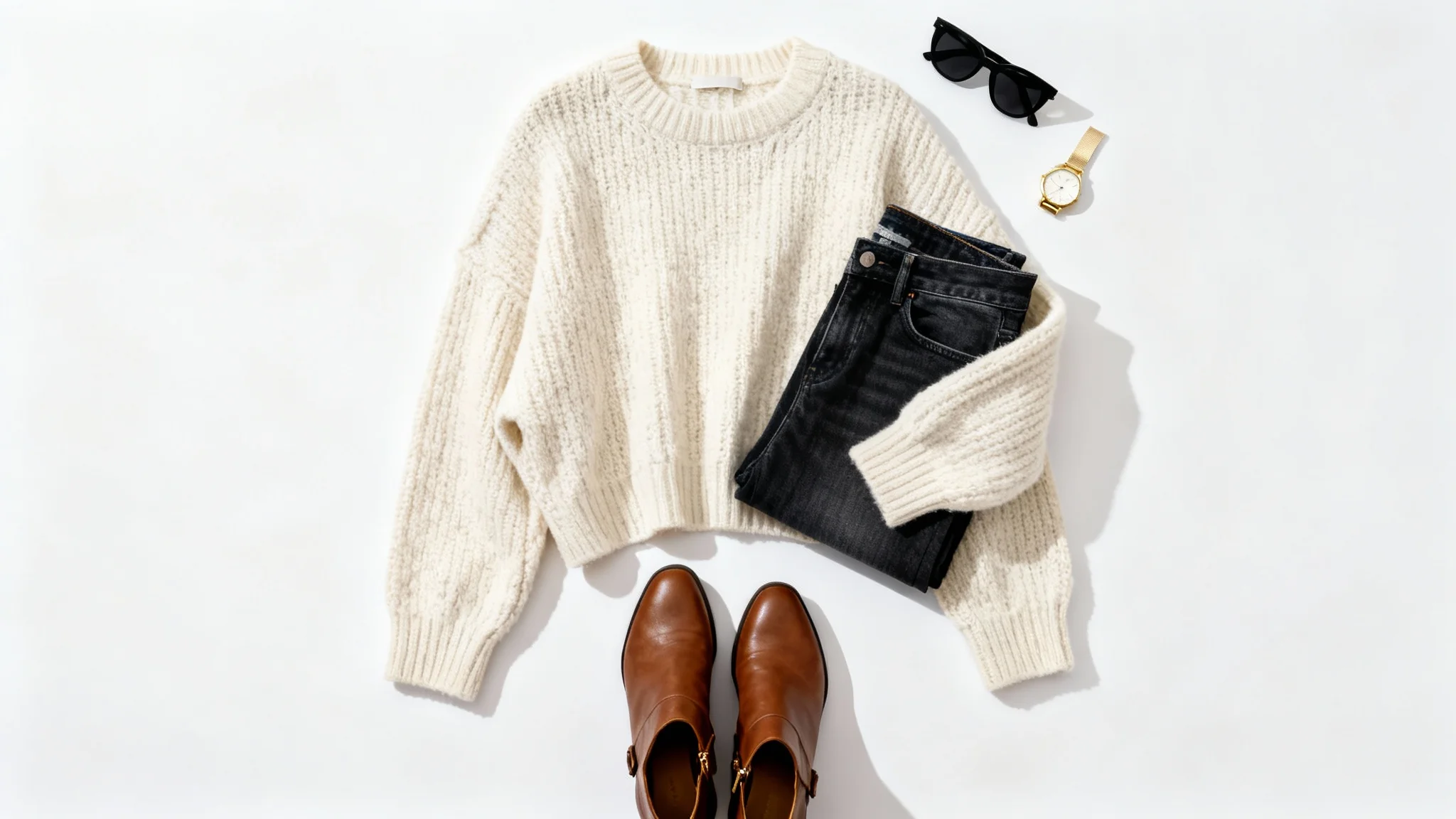 A top-down view of a women's outfit flat lay, including a cream sweater, blue jeans, brown boots, and accessories on a white background.