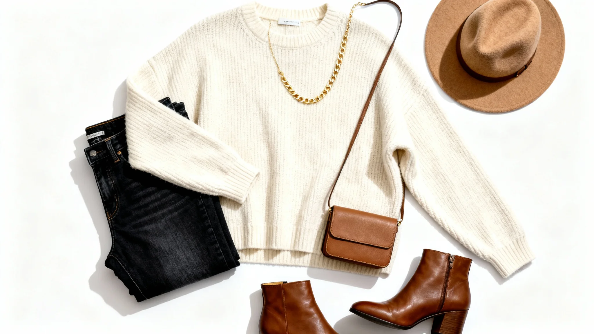 A top-down view of a stylish women's outfit laid flat on a white surface, featuring a cream knit sweater, dark jeans, brown ankle boots, a fedora, and a leather bag.