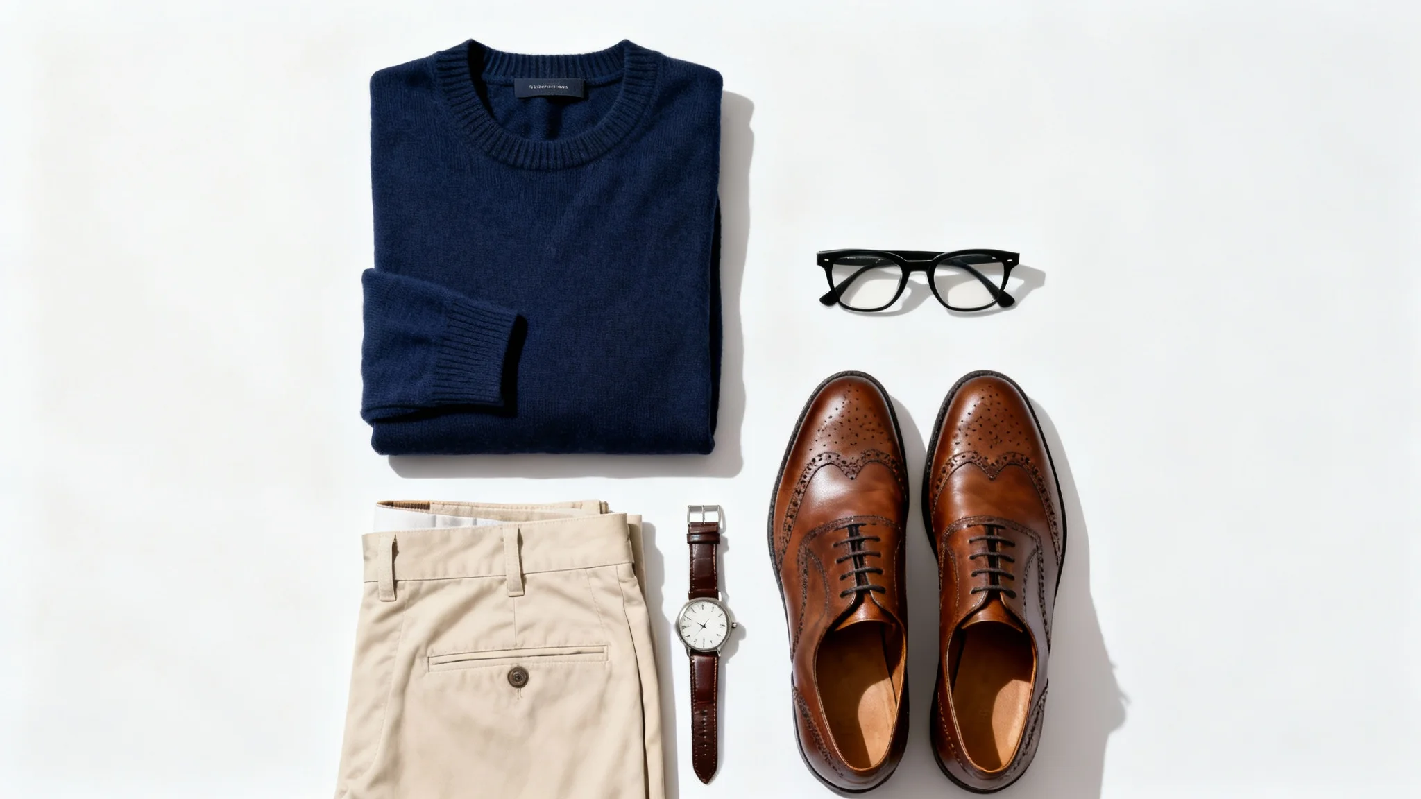 A top-down flat lay of a sophisticated men's outfit, including a navy sweater, beige chinos, and brown leather accessories, neatly arranged on a white background.