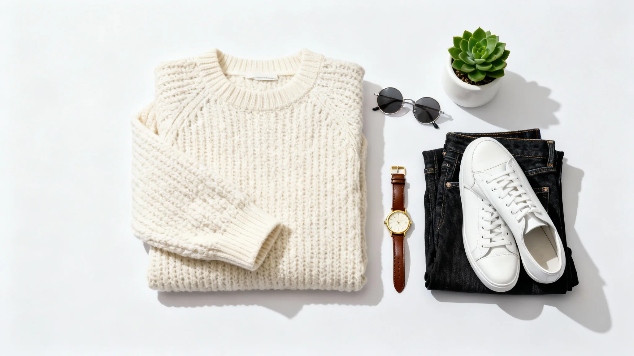 A top-down photo of a clothing flat lay featuring a cream sweater, dark jeans, white sneakers, and accessories neatly arranged on a white background.