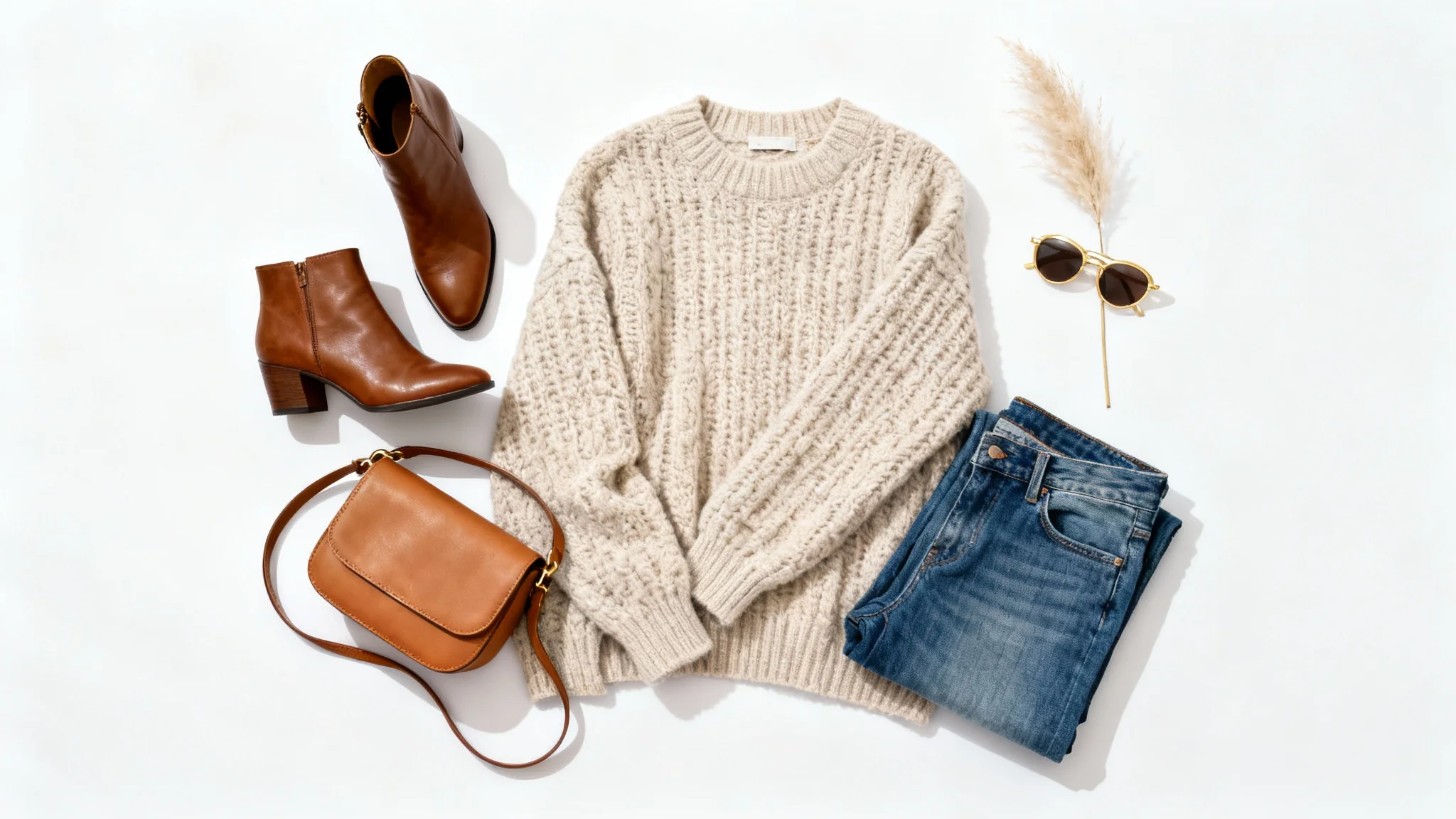 A top-down flat lay of a women's outfit on a white background, featuring a sweater, jeans, boots, a purse, and sunglasses.