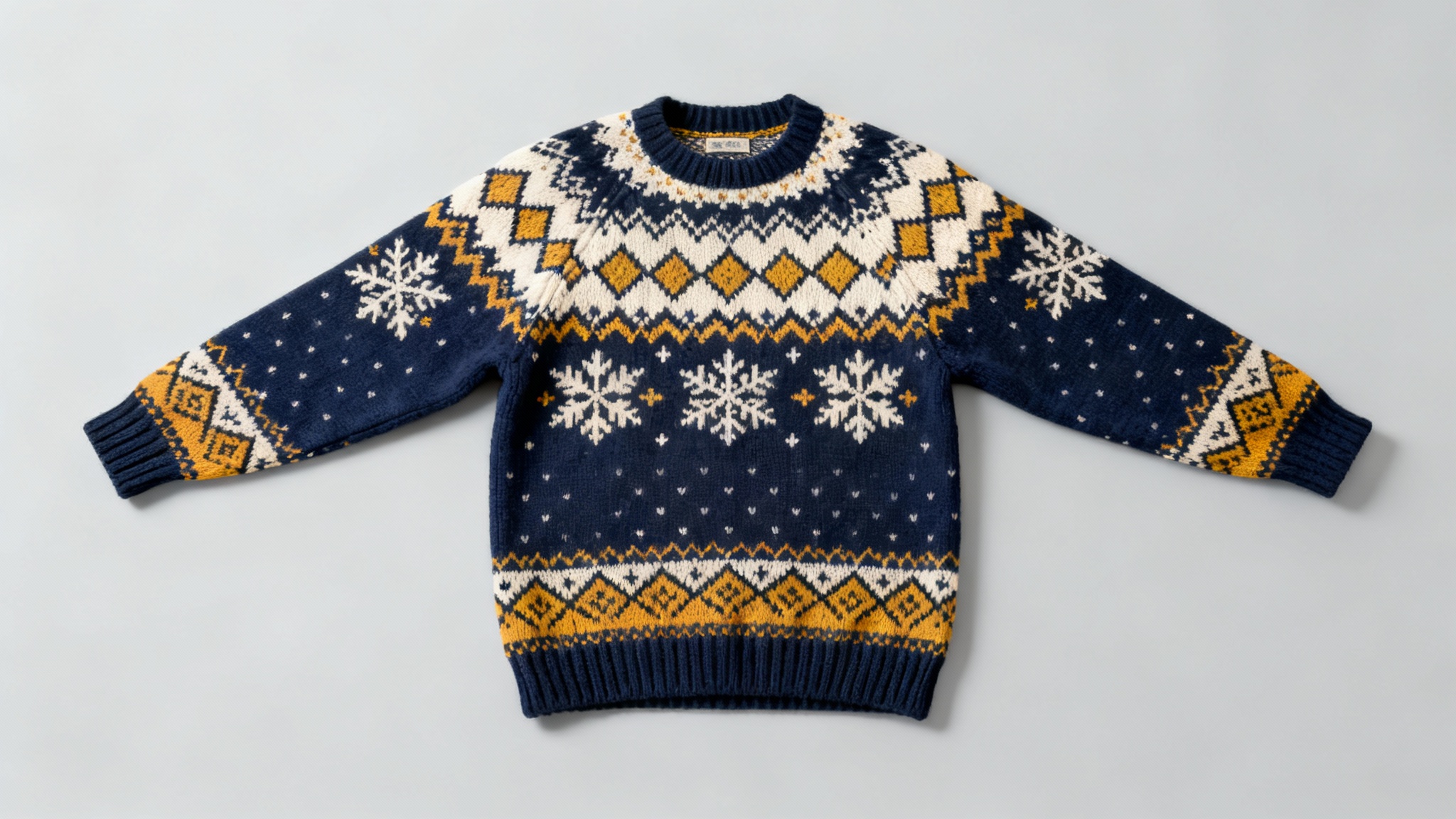 A top-down view of a neatly folded Fair Isle sweater with a blue, cream, and yellow pattern on a light gray background.