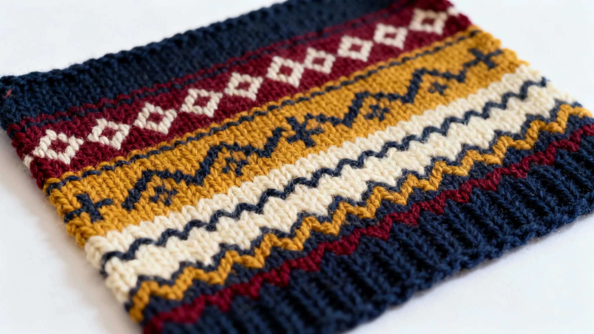 A close-up, top-down view of a knitted fabric swatch featuring a traditional Fair Isle pattern in blue, red, yellow, and white on a white background.