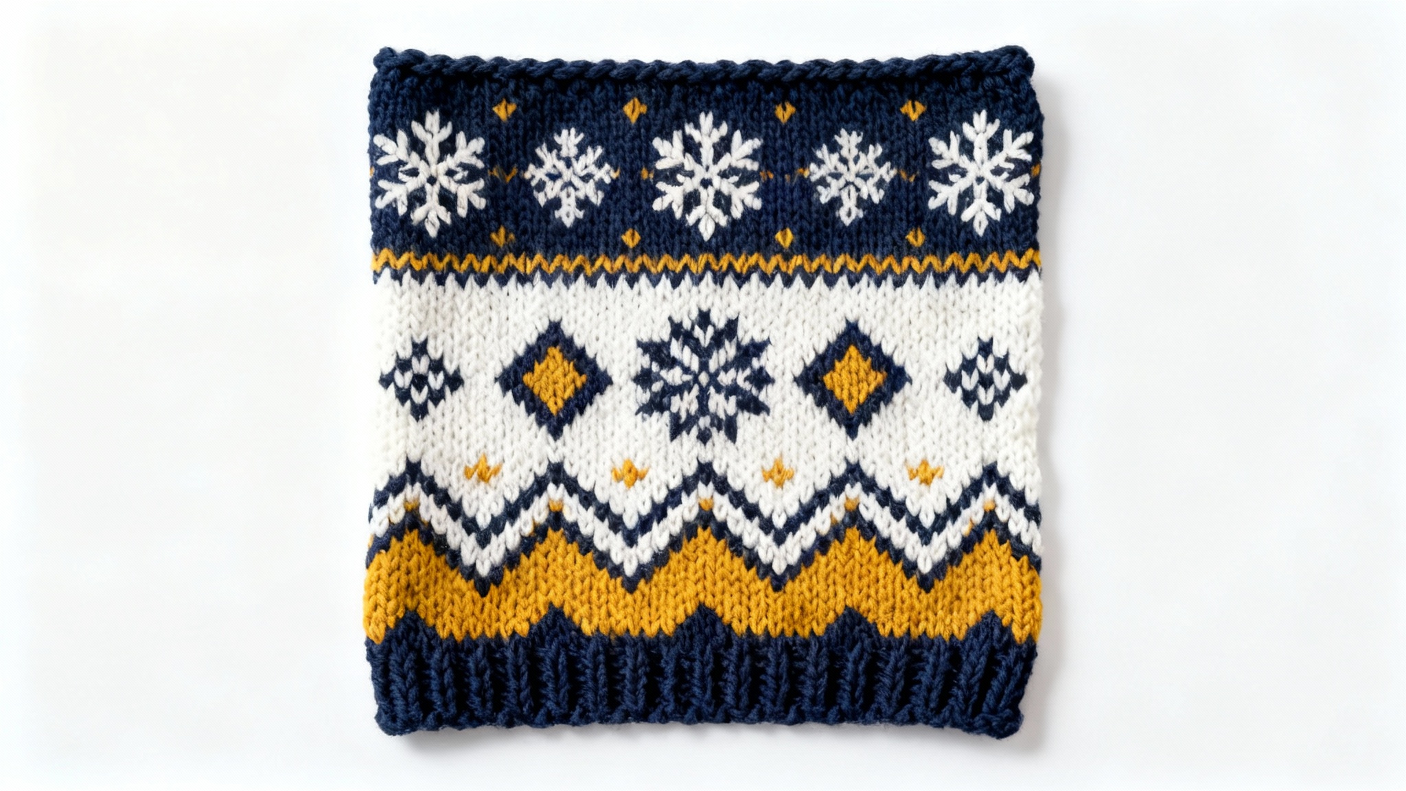 A top-down view of a knitted Fair Isle pattern swatch, featuring navy blue, white, and yellow Nordic designs on a plain white background.