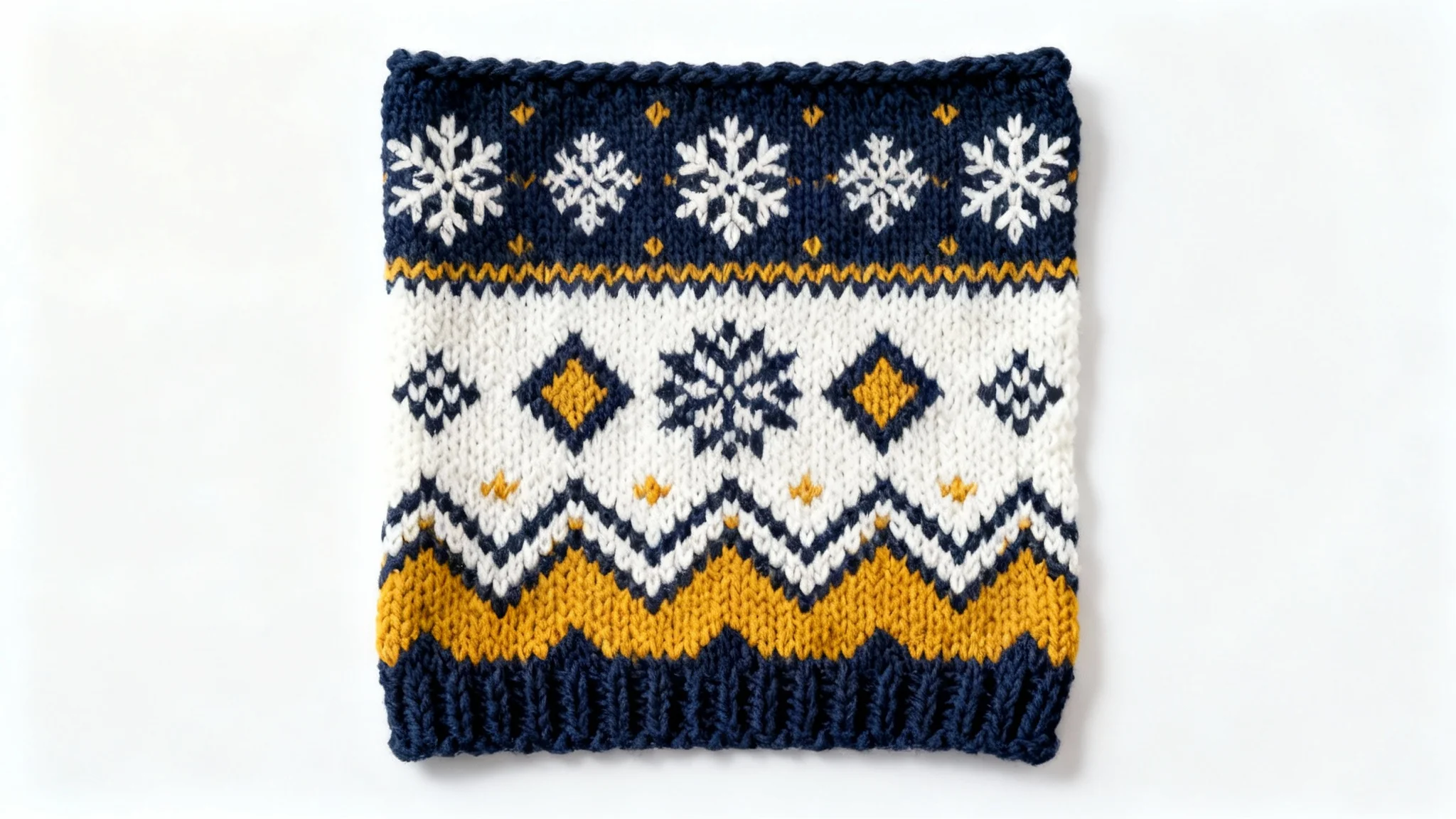 A top-down view of a knitted Fair Isle pattern swatch, featuring navy blue, white, and yellow Nordic designs on a plain white background.