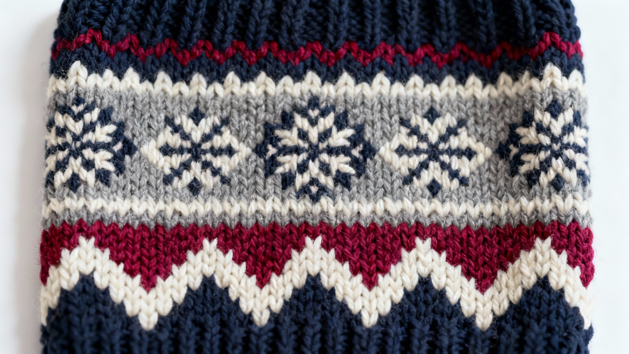 A detailed, top-down photograph of a knitted fabric swatch showcasing a traditional Fair Isle pattern in navy, grey, cream, and red, set against a plain white background.