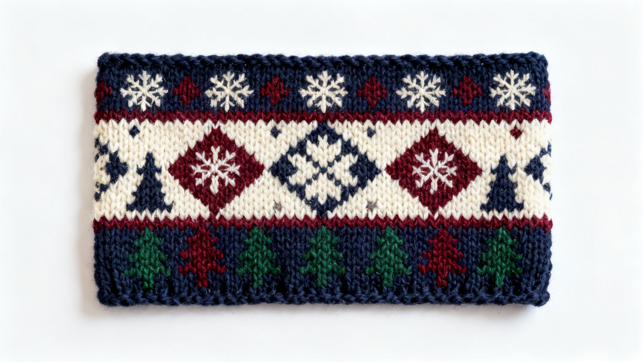 A close-up, top-down view of a knitted Fair Isle pattern swatch on a white background, featuring intricate designs of snowflakes and geometric shapes in navy blue, cream, red, and green.