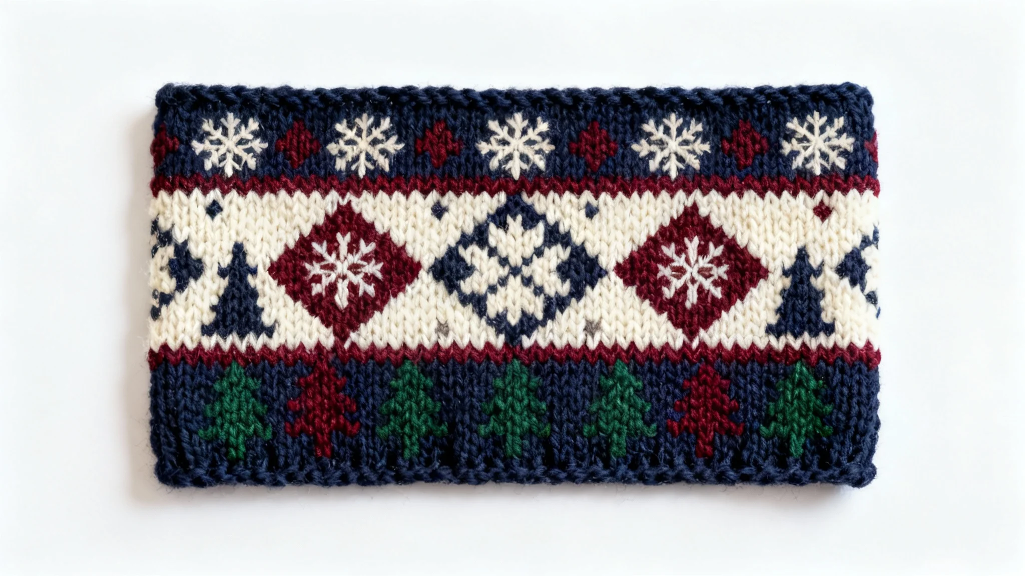 A close-up, top-down view of a knitted Fair Isle pattern swatch on a white background, featuring intricate designs of snowflakes and geometric shapes in navy blue, cream, red, and green.