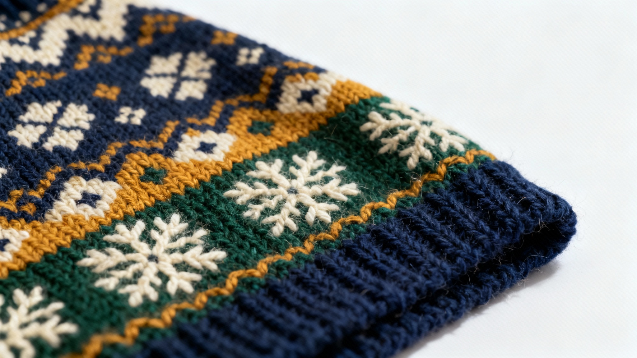 A close-up photo of a knitted Fair Isle pattern with intricate geometric and snowflake designs in blue, green, and ochre, shown on a flat white surface.