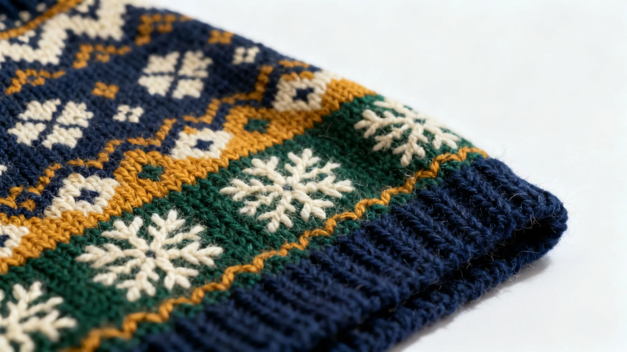 A close-up photo of a knitted Fair Isle pattern with intricate geometric and snowflake designs in blue, green, and ochre, shown on a flat white surface.