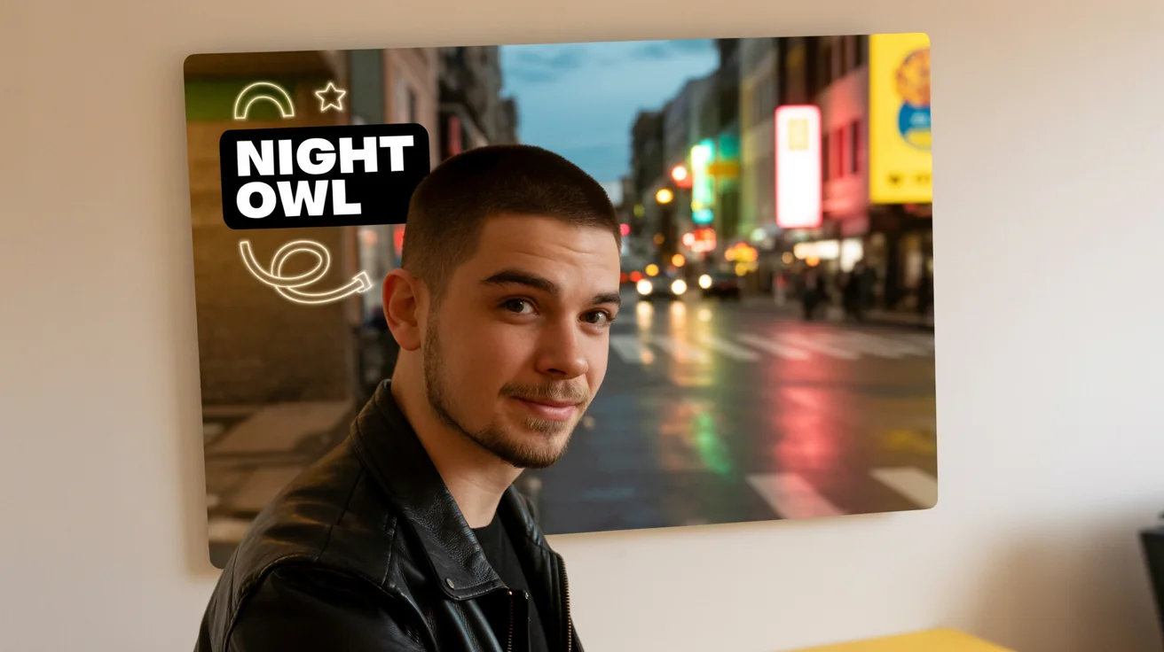 An example of a finished photo edited with a Snapchat editor. It's a selfie of a young man in a city at night, with a cinematic filter, neon doodles, and a text overlay that says 'Night Owl'.