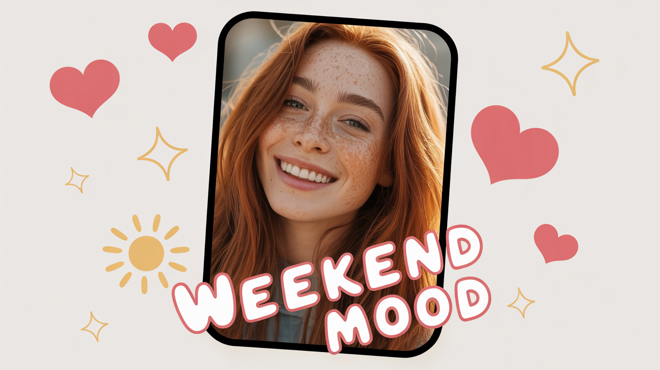 A mockup of a selfie edited in a fun, social media style. The photo shows a happy young woman decorated with cartoon heart stickers, sparkles, and the text 'Weekend Mood', all on a white background.